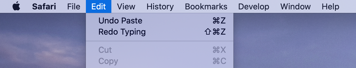 Undo and redo via menu bar on macOS