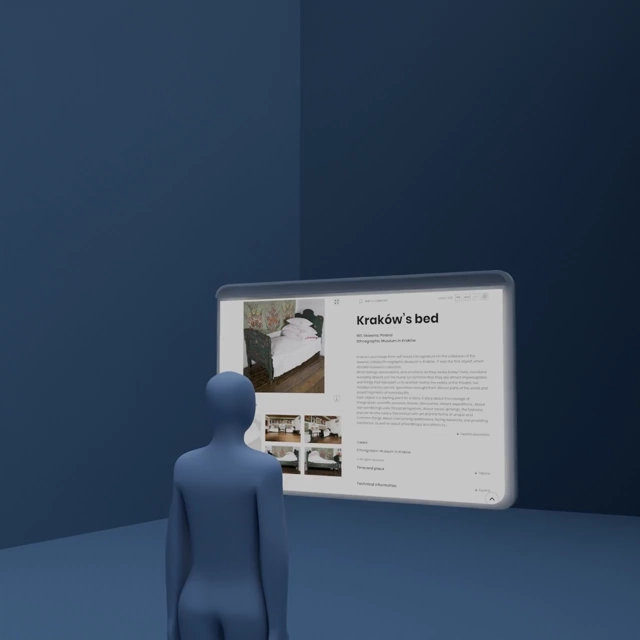 An animation of a user in front of a stylized web browser, a backdrop environment is revealed around them.