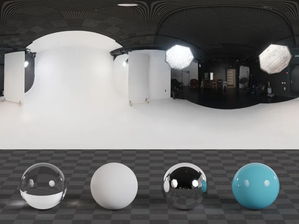 An example HDR environment map showing an equirectangular projection of a studio, below are 4 balls which demonstrate the affect of the environment map on different materials.